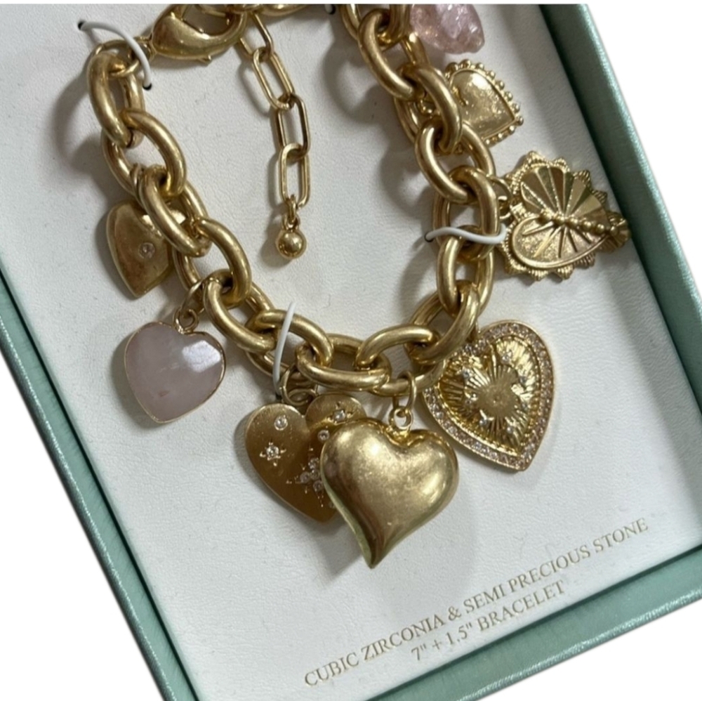 💛▪️ATTERRI ▪️Cubic Zirconia & Semi Precious Stone Charms Gold Bracelet NWT